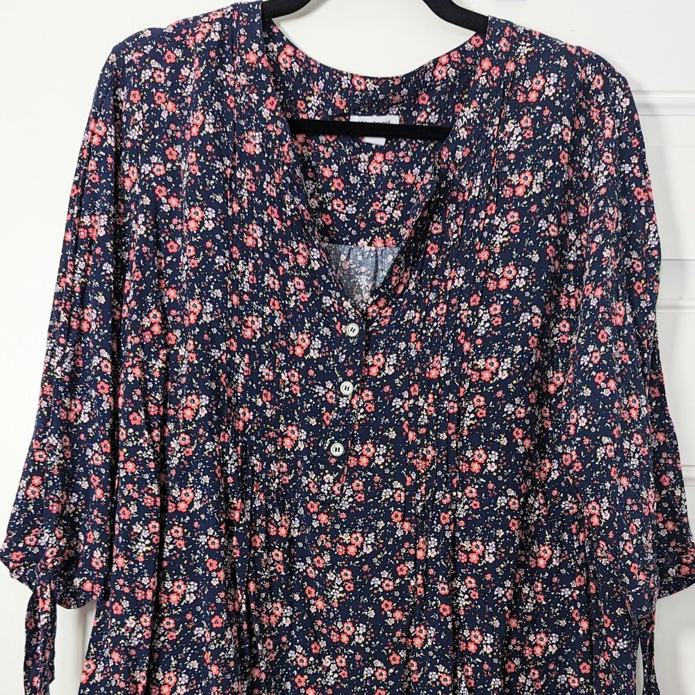 Navy Blue Floral Tie-Sleeve Blouse